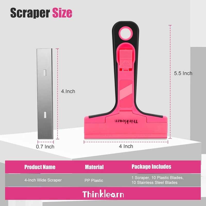 ThinkLearn Razor Blade Scraper Tool, 4" Razor Scraper with 20Pcs Replacement Blades, Pink Glass Scraper for Removing Decals, Tint, Stickers, Labels, Caulk, Adhesive from Window, Oven, Stove Top - Image 5